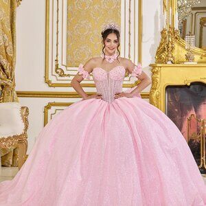 New Pink Off Shoulder Quinceanera Gown w/ Floral Choker & Corset Bodice DQ 5115